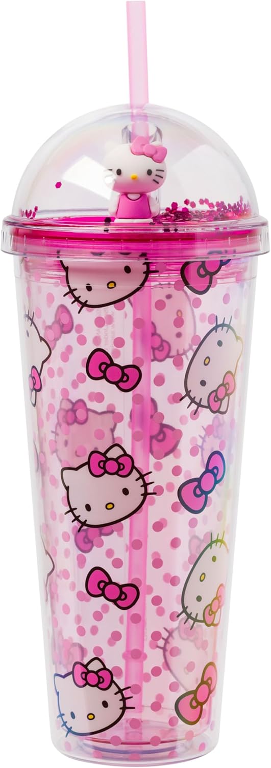 Silver Buffalo Sanrio Hello Kitty Pink Polka Dots and Bows Dome Glitter Top Travel Tumbler 24 Ounces - Image 1
