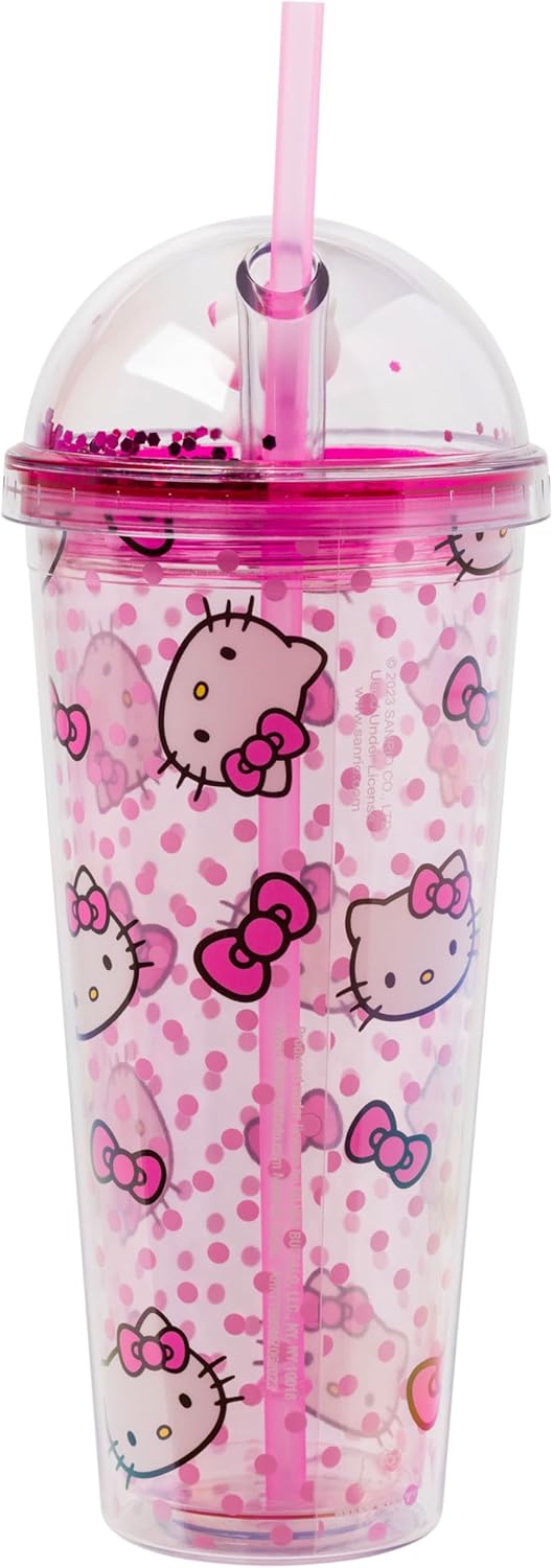Silver Buffalo Sanrio Hello Kitty Pink Polka Dots and Bows Dome Glitter Top Travel Tumbler 24 Ounces - Image 2