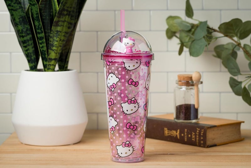Silver Buffalo Sanrio Hello Kitty Pink Polka Dots and Bows Dome Glitter Top Travel Tumbler 24 Ounces - Image 4