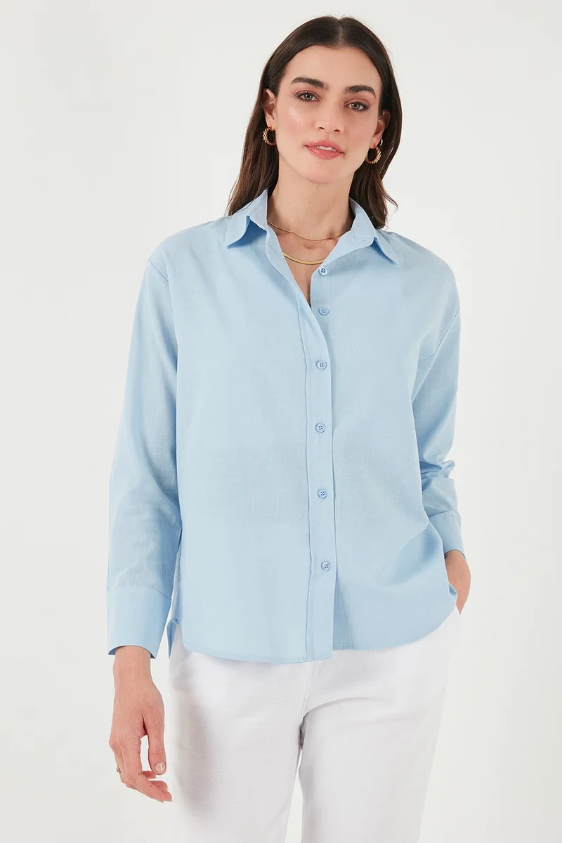 ليلا Linen and Cotton Blend Regular Fit Short Front Long Back Shirt Women's Shirt 6772853