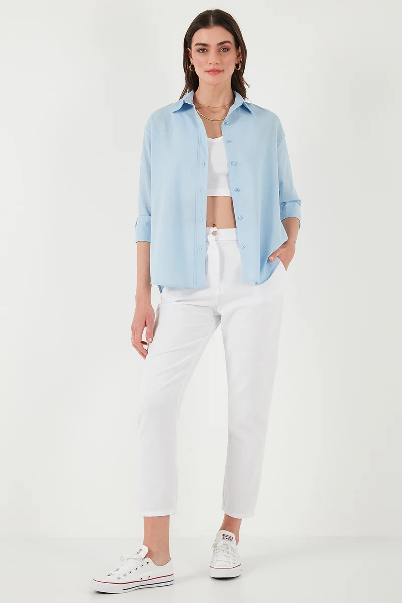 ليلا Linen and Cotton Blend Regular Fit Short Front Long Back Shirt Women's Shirt 6772853