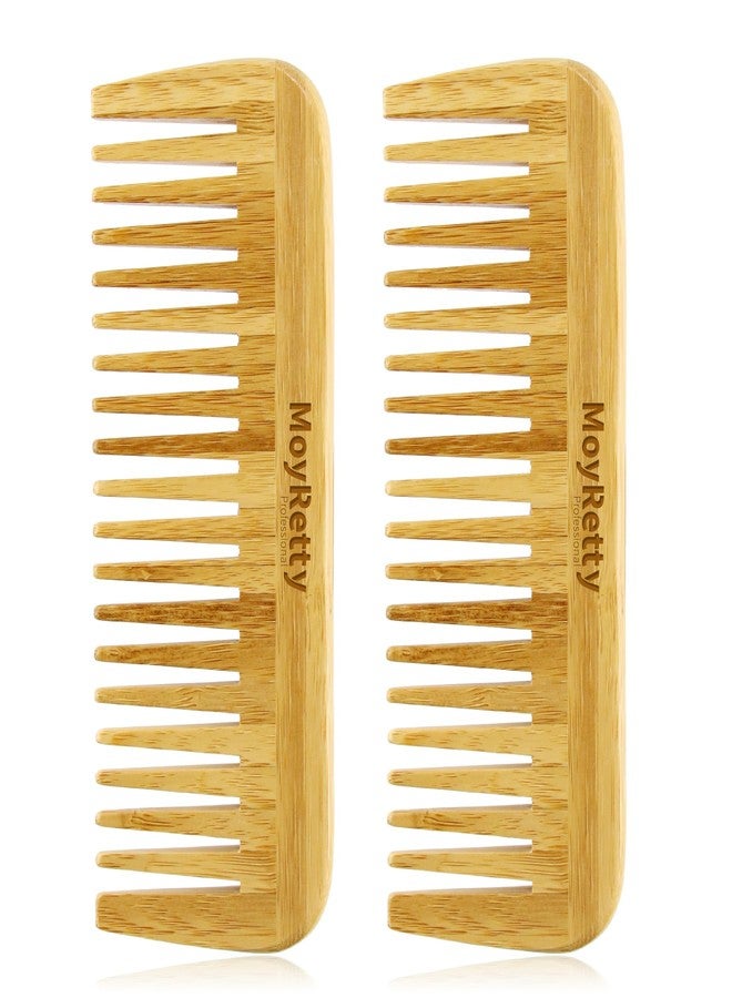 MoyRetty 2 Pieces Bamboo Hair Comb Wide Tooth Brush Handmade of Natural Bamboo Wood Anti-Static For Detangling and Styling Wet or Dry Curly Thick Wavy or Straight Hair For Men or Women - Image 1