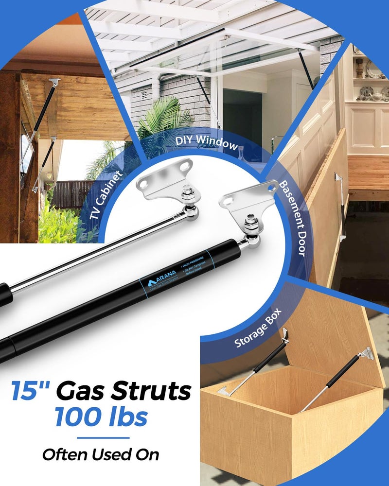 ARANA Gas Struts for Heavy Lid 100 lbs, 15 inch Gas Shocks Lift Lid with Brackets, 100 Pounds Hydraulic Lift Support Springs for Heavy Duty Door Cabinet Boat Lid(Fits 85-115 lbs Lid), 2 Pcs - Image 2