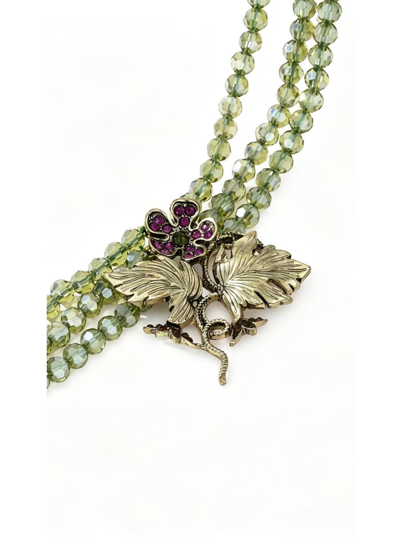 Vintage Multi‑Strand Glass Bead Choker Necklace, Antique Gold Floral Leaf Rhinestone Statement Necklace Retro Women Jewelry - Image 2