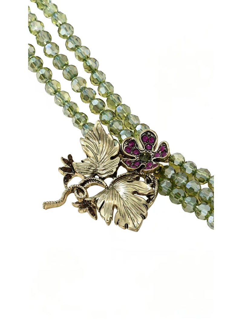 Vintage Multi‑Strand Glass Bead Choker Necklace, Antique Gold Floral Leaf Rhinestone Statement Necklace Retro Women Jewelry - Image 3