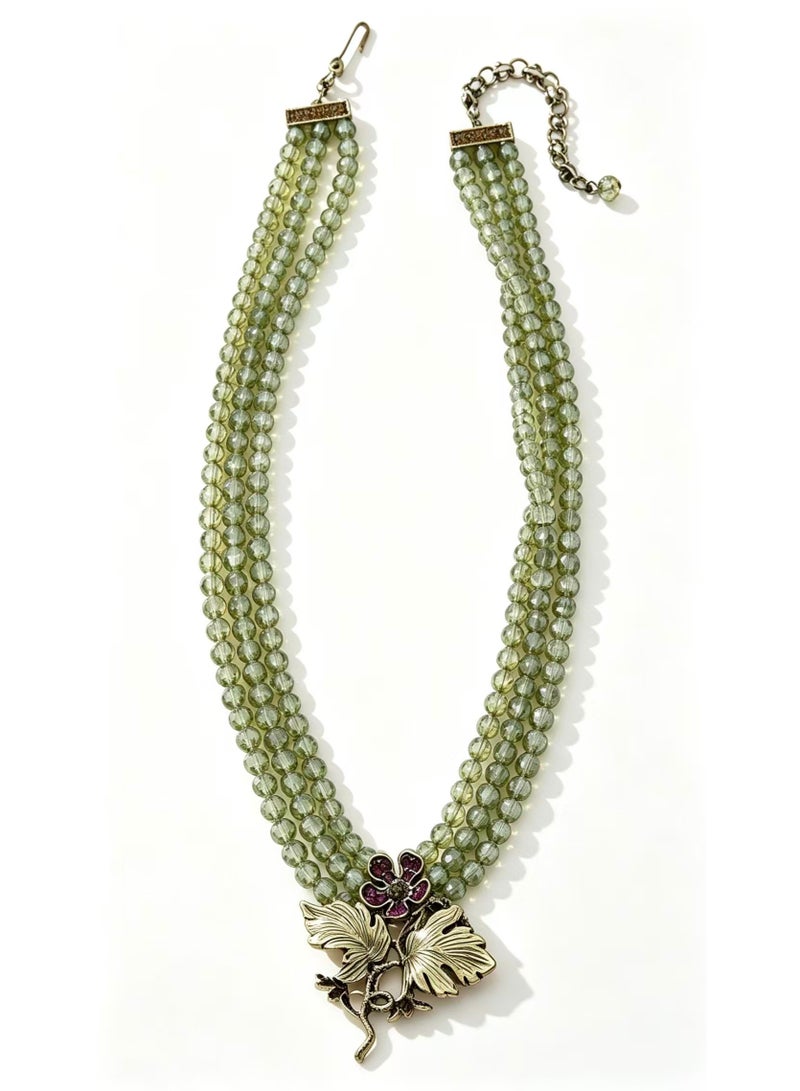 Vintage Multi‑Strand Glass Bead Choker Necklace, Antique Gold Floral Leaf Rhinestone Statement Necklace Retro Women Jewelry - Image 4