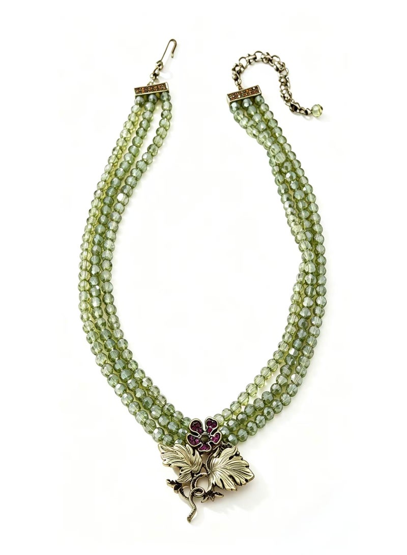 Vintage Multi‑Strand Glass Bead Choker Necklace, Antique Gold Floral Leaf Rhinestone Statement Necklace Retro Women Jewelry - Image 1