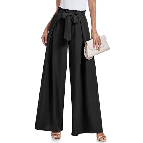 Lepunuo Women's Wide Leg Lounge Pants with Pockets Lightweight High Waisted Adjustable Tie Knot Loose Trousers A - Black - Image 1