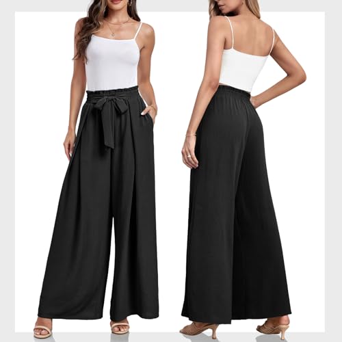 Lepunuo Women's Wide Leg Lounge Pants with Pockets Lightweight High Waisted Adjustable Tie Knot Loose Trousers A - Black - Image 5