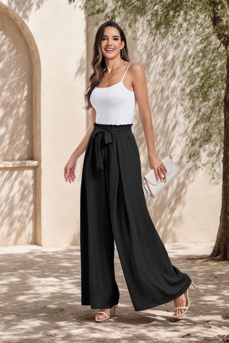 Lepunuo Women's Wide Leg Lounge Pants with Pockets Lightweight High Waisted Adjustable Tie Knot Loose Trousers A - Black - Image 3