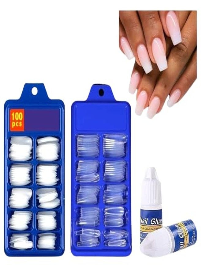 ELITEWAVE Professional 200-Piece Artificial Nails Set - 100 White & 100 Transparent with 2 Nail Glue Combo - Image 1