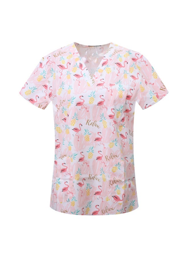Loquat Womens Medical Scrubs Single Top Medical Uniform Single Printed Top Crane Print on Pink Background - Image 1