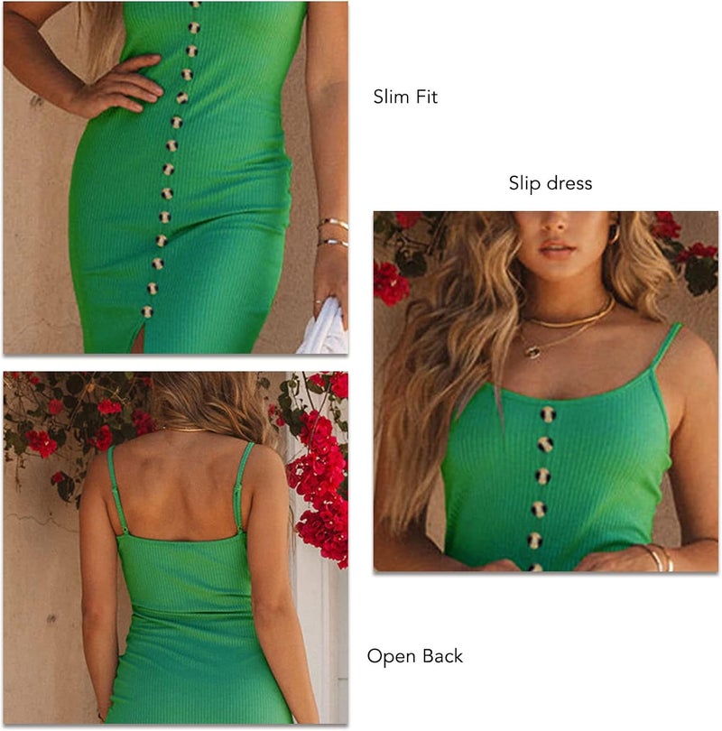 klarako Sleeveless Backless Long Dress Women Stretchy Slim Rib Knit Bodycon Spaghetti Strap Dress Front Slit Slip Midi Dress - Image 3