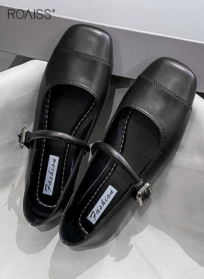 roaiss Mary Jane Flats for Women Round Toe with Block Square Strap Low Cut Slip Resistant Comfort Walk Casual Shoes Retro Classic Modern Flat Shoes Versatile Daily Black - Image 5