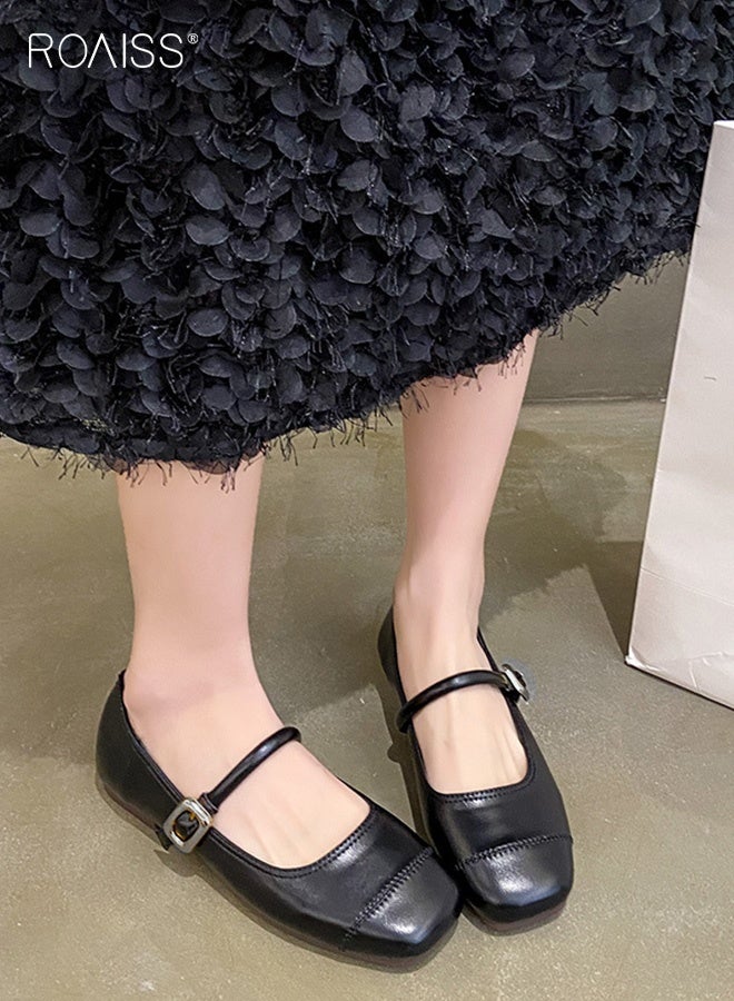 roaiss Mary Jane Flats for Women Round Toe with Block Square Strap Low Cut Slip Resistant Comfort Walk Casual Shoes Retro Classic Modern Flat Shoes Versatile Daily Black - Image 4