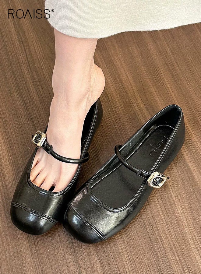 roaiss Mary Jane Flats for Women Round Toe with Block Square Strap Low Cut Slip Resistant Comfort Walk Casual Shoes Retro Classic Modern Flat Shoes Versatile Daily Black - Image 3