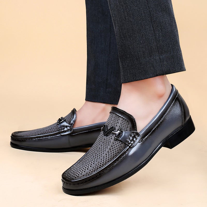 6698 Men'S And Women'S Business Leather Shoes Low-Top Fly Woven Mesh Cloth Stitching Leather Cowhide Casual Shoes Breathable Shoes - Image 5