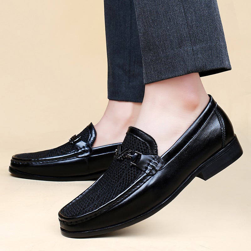 6698 Men'S And Women'S Business Leather Shoes Low-Top Fly Woven Mesh Cloth Stitching Leather Cowhide Casual Shoes Breathable Shoes - Image 3