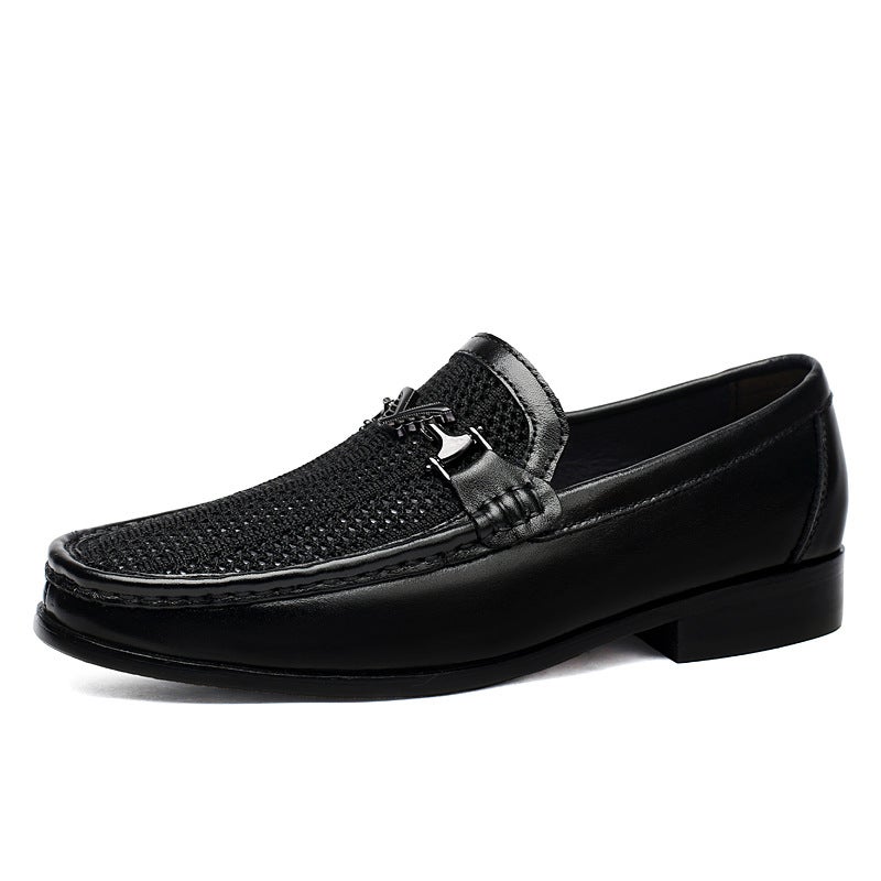 6698 Men'S And Women'S Business Leather Shoes Low-Top Fly Woven Mesh Cloth Stitching Leather Cowhide Casual Shoes Breathable Shoes - Image 1