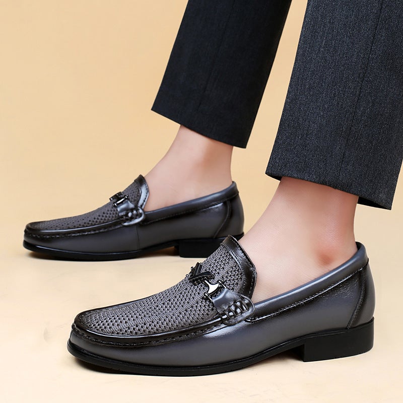 6698 Men'S And Women'S Business Leather Shoes Low-Top Fly Woven Mesh Cloth Stitching Leather Cowhide Casual Shoes Breathable Shoes - Image 4