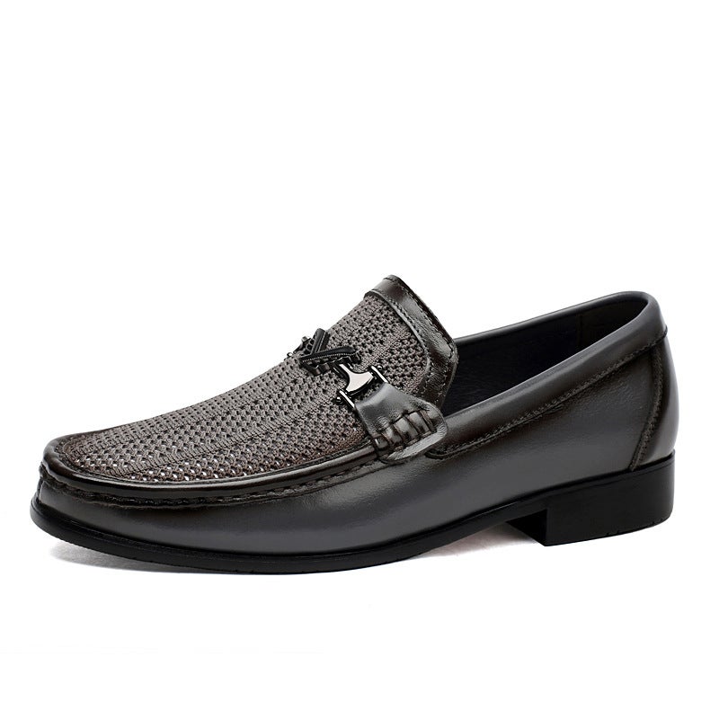 6698 Men'S And Women'S Business Leather Shoes Low-Top Fly Woven Mesh Cloth Stitching Leather Cowhide Casual Shoes Breathable Shoes - Image 2