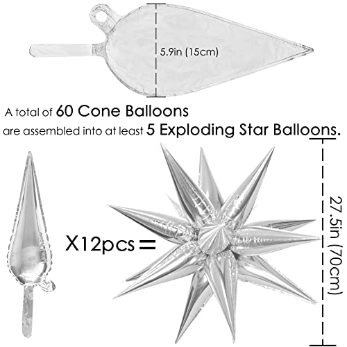 ZAKVOOR 60 Pcs Star Balloons 12 Spike Foil Explosion Party Decoration Balloons for Christmas New Year Eve Birthday (Silver) - Image 2