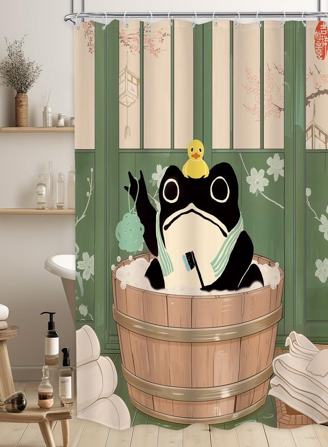 LGhtyro Funny Frog Shower Curtain Bathroom Set 60Wx71H Inches Traditional Japanese Cute Animal Cherry Blossom Kwaii Rustic Green Board Bath Accessories Rustic Retro Art Home Decor Fabric 12 Pack Hooks - Image 1