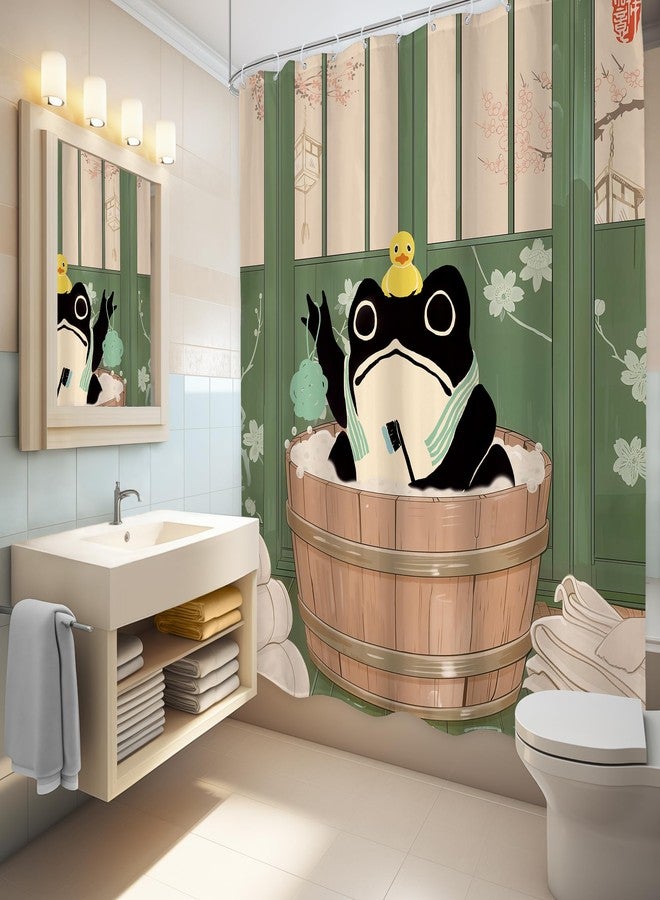 LGhtyro Funny Frog Shower Curtain Bathroom Set 60Wx71H Inches Traditional Japanese Cute Animal Cherry Blossom Kwaii Rustic Green Board Bath Accessories Rustic Retro Art Home Decor Fabric 12 Pack Hooks - Image 4