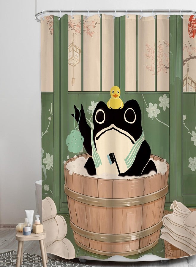 LGhtyro Funny Frog Shower Curtain Bathroom Set 60Wx71H Inches Traditional Japanese Cute Animal Cherry Blossom Kwaii Rustic Green Board Bath Accessories Rustic Retro Art Home Decor Fabric 12 Pack Hooks - Image 3