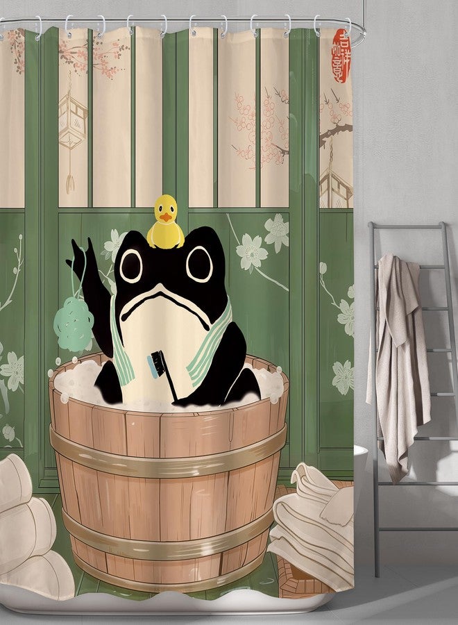 LGhtyro Funny Frog Shower Curtain Bathroom Set 60Wx71H Inches Traditional Japanese Cute Animal Cherry Blossom Kwaii Rustic Green Board Bath Accessories Rustic Retro Art Home Decor Fabric 12 Pack Hooks - Image 2