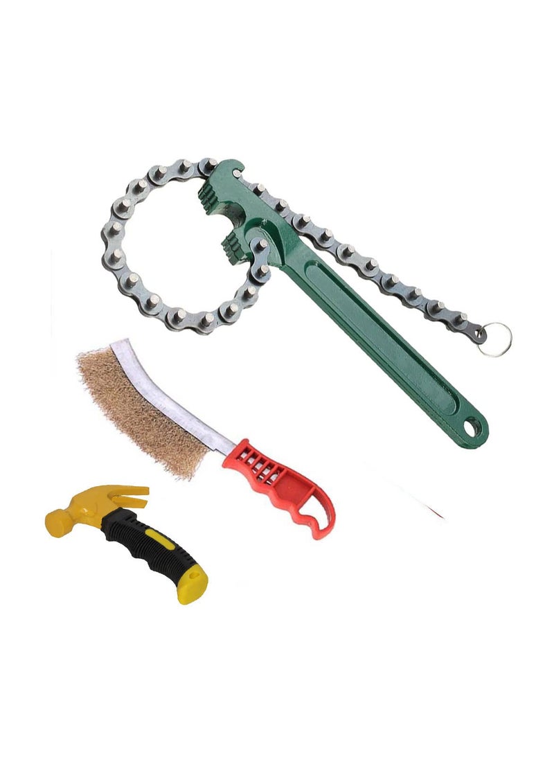 Digital Craft - Digital Craft 3 Item Combo 9 Inch MultiPurpose Motorcycle Car Engine Oil Filter Chain Wrench Spanner Removal Tool 225 Adjustable Wrench With Chain Wrench Mini Hammer Hand Brush - Image 1