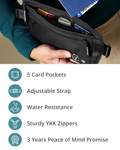 Vantamo حزام المال المخفي من فانتامو لزيادة الأمان، حقيبة خصر رفيعة محمية بتقنية RFID، حقيبة نقود ذات قسمين تناسب جواز السفر والهاتف مع غلاف لحماية الممتلكات الثمينة، حقيبة حزام للسفر، التنزه والمشي - Image 5