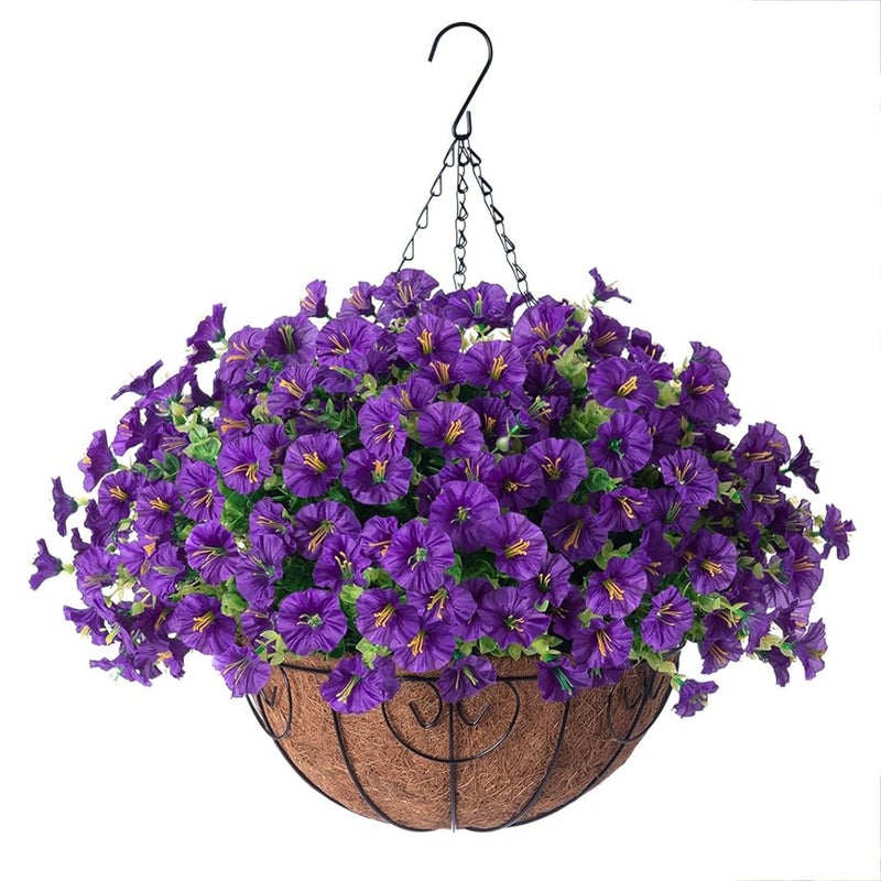Artificial Fake Hanging Plants Flowers Basket for Outdoors Spring Summer Decoration Silk Purple Morning Glory Eucalyptus UV Sun Resistant Realistic Faux Flowers for Outside Porch Patio Balcony Home