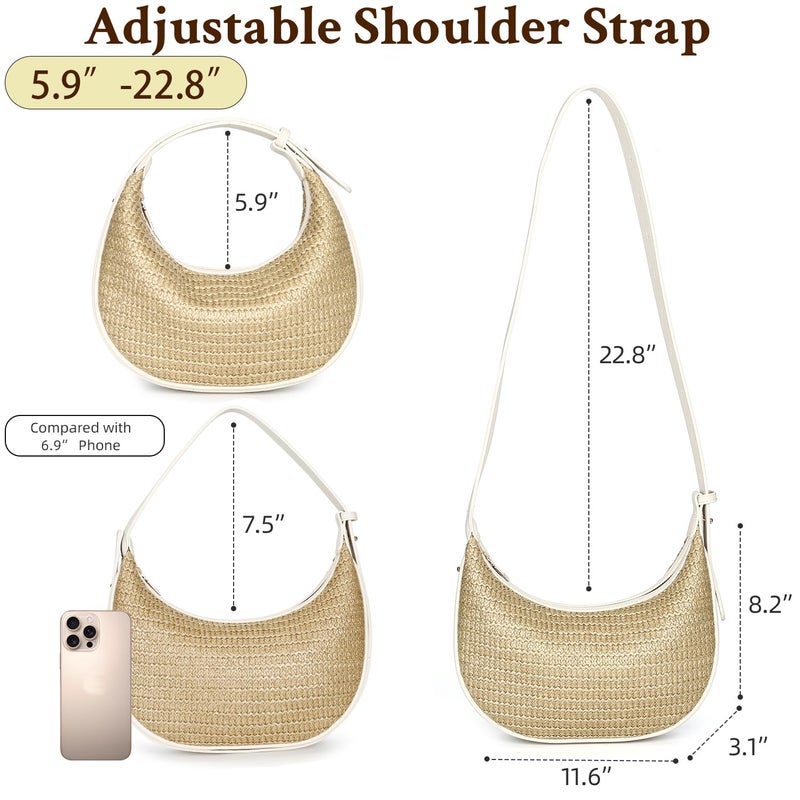 Herald Straw Crossbody Bag for Women Beach Woven Hobo Handbag Summer Chic Crescent Shoulder Purses with Adjustable Strap (Beige) - Image 5