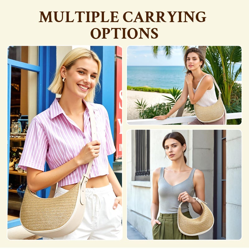 Herald Straw Crossbody Bag for Women Beach Woven Hobo Handbag Summer Chic Crescent Shoulder Purses with Adjustable Strap (Beige) - Image 2
