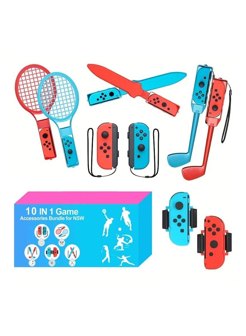 10-in-1 Switch Sports Accessories Bundle, Full Set of Motion Game Gear for Nintendo Switch/OLED, Tennis Rackets, Sword Grips, Wrist u0026 Leg Straps, Joy-Con Grips for Family Party u0026 Cosplay - Image 1