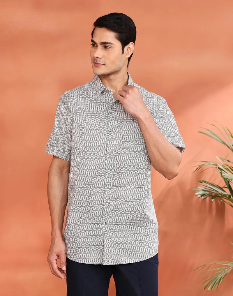 Fabindia Grey Cotton Hand Block Printed Shirt