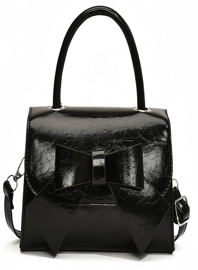 MIFORINES Mini Top Handle PU Flap Bag for Women - Elegant Bow Decor, Lightweight & Stylish Handbag (Black) - Image 1