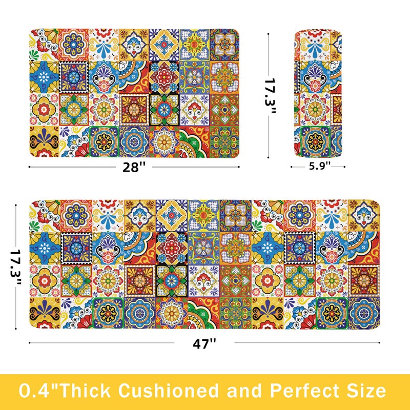 weesire Boho Kitchen Rugs Set 2 Memory Foam Colorful Ceramic Comfort Tile Floor Mat Anti Fatigue Non-Skid PVC Runner Rug Water & Oil Proof Carpet for Kitchen Laundry Sink,17.3x28+17.3x47 Inch, C2 - Image 2