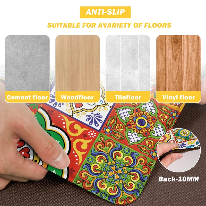 weesire Boho Kitchen Rugs Set 2 Memory Foam Colorful Ceramic Comfort Tile Floor Mat Anti Fatigue Non-Skid PVC Runner Rug Water & Oil Proof Carpet for Kitchen Laundry Sink,17.3x28+17.3x47 Inch, C2 - Image 5