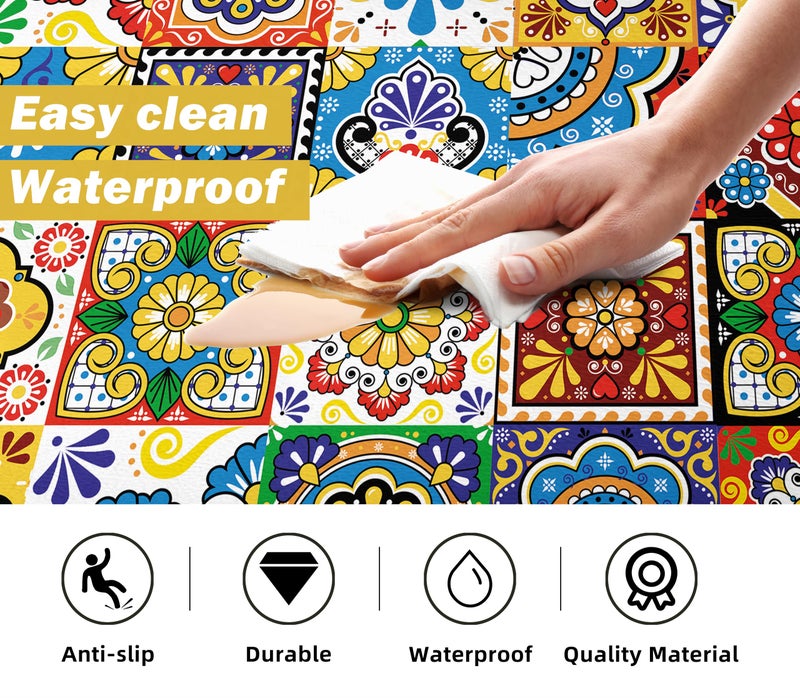 weesire Boho Kitchen Rugs Set 2 Memory Foam Colorful Ceramic Comfort Tile Floor Mat Anti Fatigue Non-Skid PVC Runner Rug Water & Oil Proof Carpet for Kitchen Laundry Sink,17.3x28+17.3x47 Inch, C2 - Image 4