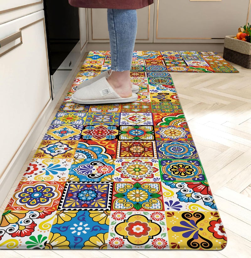 weesire Boho Kitchen Rugs Set 2 Memory Foam Colorful Ceramic Comfort Tile Floor Mat Anti Fatigue Non-Skid PVC Runner Rug Water & Oil Proof Carpet for Kitchen Laundry Sink,17.3x28+17.3x47 Inch, C2 - Image 1