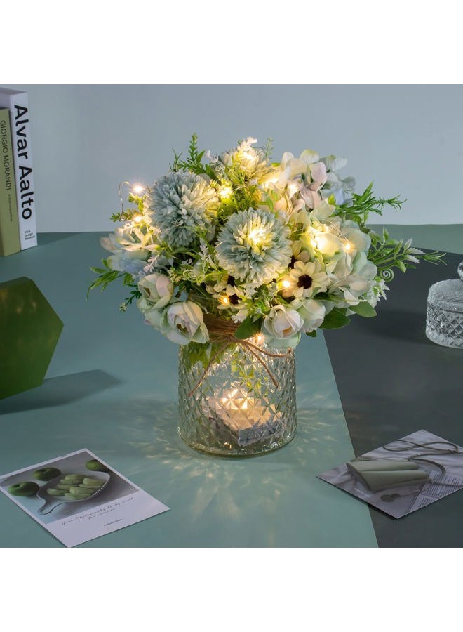 KELINGO Artificial LED Green Rose Flowers with Glass Vase, Remote Control Led Light, Flower Arrangement for Table Centerpiece, Home Office Wedding Decoration - Image 1