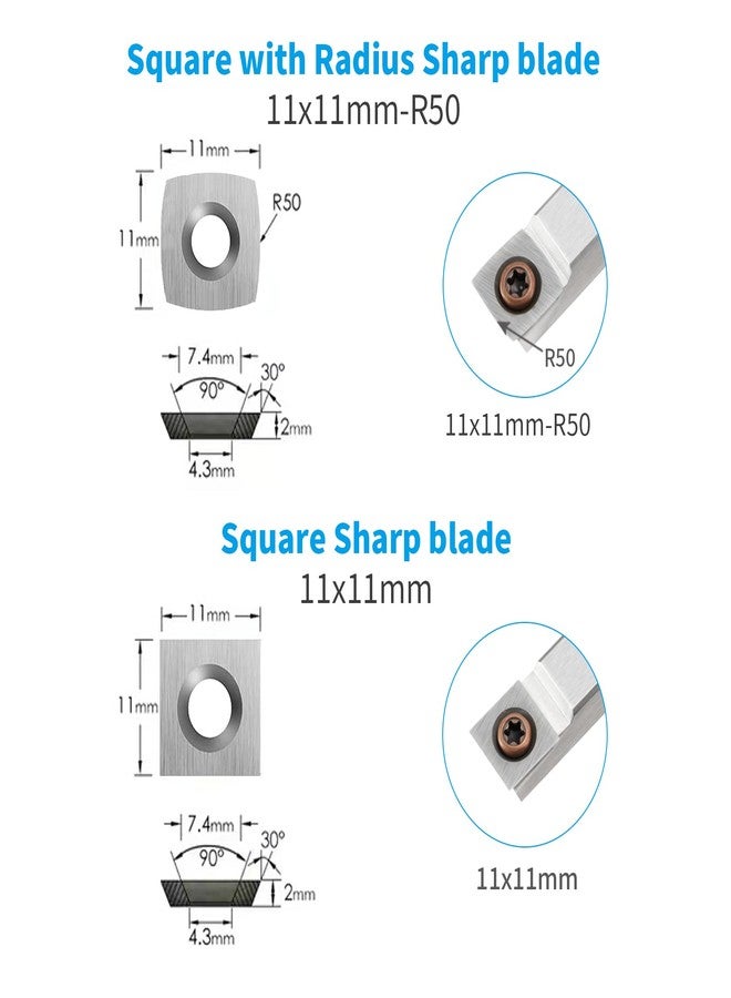 DEEFIINE 15Pcs Tungsten Carbide Cutters Inserts Set for Wood Lathe Turning Tools (11mm Square, 11mm Square with Radius R50,12mm and 8.9mm Round,30x10mm Diamond with Sharp Point With 8pcs Screws) - Image 4
