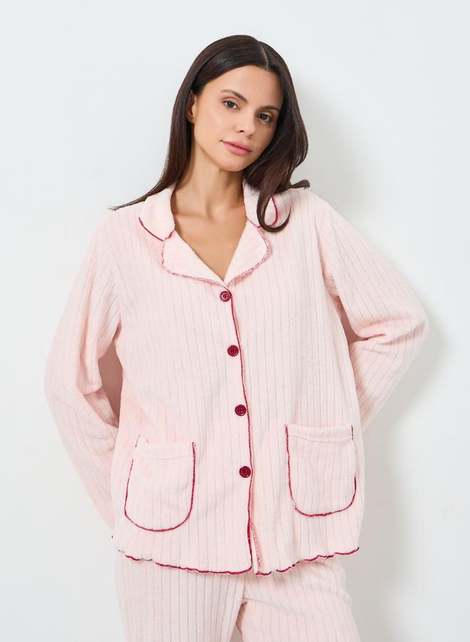 Styli Fleece Contrast Lettuce Hem Buttoned Shirt and Pyjama Set - Image 2