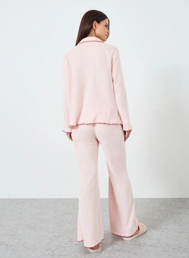 Styli  Fleece Contrast Lettuce Hem Buttoned Shirt and Pyjama Set for Women | Best Price UAE