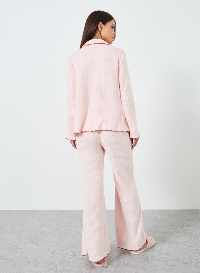 Styli Fleece Contrast Lettuce Hem Buttoned Shirt and Pyjama Set - Image 5