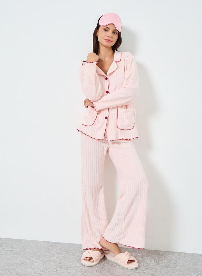 Styli Fleece Contrast Lettuce Hem Buttoned Shirt and Pyjama Set - Image 1