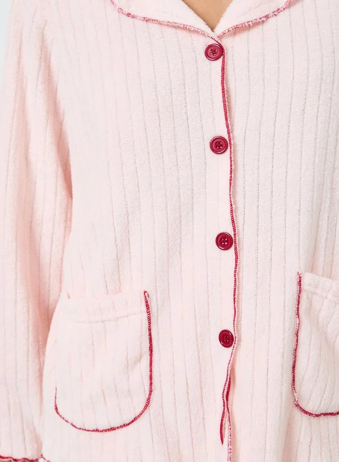 Styli  Fleece Contrast Lettuce Hem Buttoned Shirt and Pyjama Set for Women | Best Price UAE