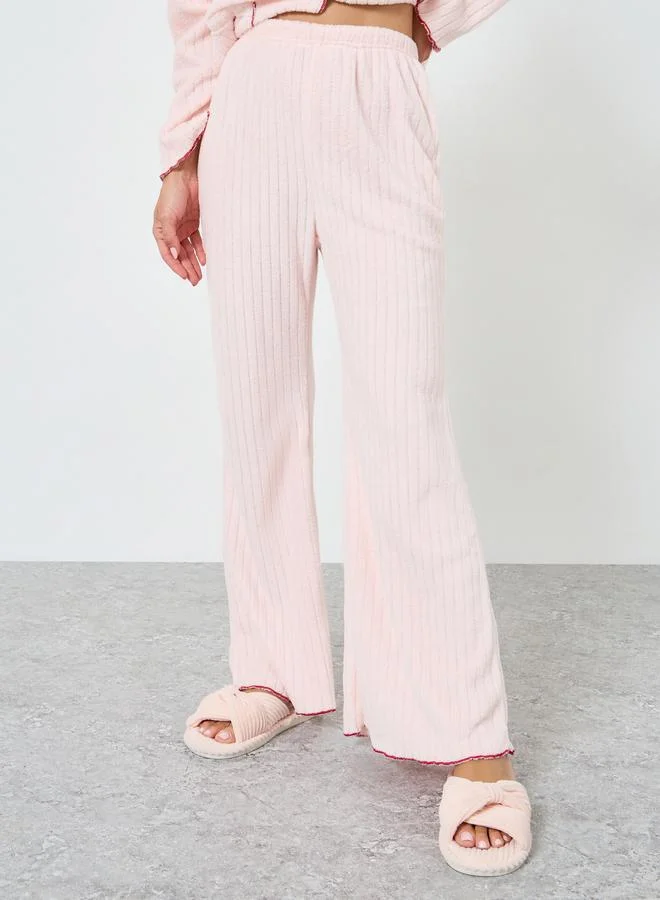 Styli  Fleece Contrast Lettuce Hem Buttoned Shirt and Pyjama Set for Women | Best Price UAE